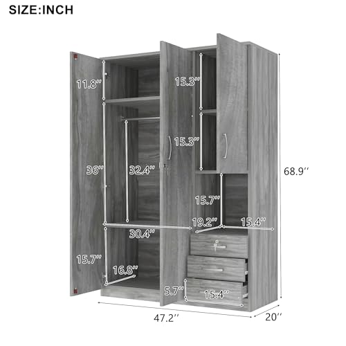 Grey 3 Door Wooden Wardrobe Closet with Drawers and Hanging Rail B496