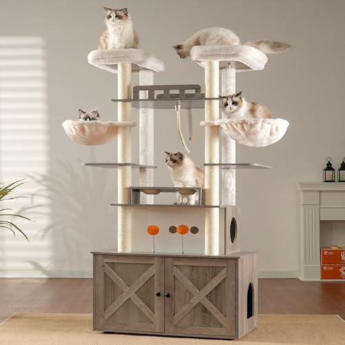 72-inch Wooden Cat Tree with Litter Box Enclosure and Scratching Post F79258