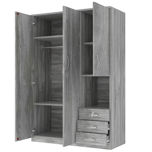 Grey 3 Door Wooden Wardrobe Closet with Drawers and Hanging Rail B496