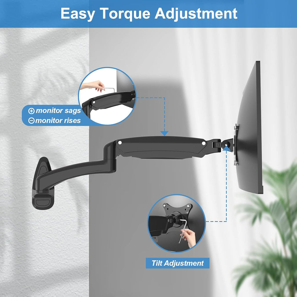 Single Wall Monitor Mount, Full Range Motion Wall Mounted Monitor Arm, Fully Adjustable PC Computer Wall Mount with Extendable Arm Fits up to 27" 13.2lbs Screens Max VESA Size 100x100mm Pack of 2 Y5075
