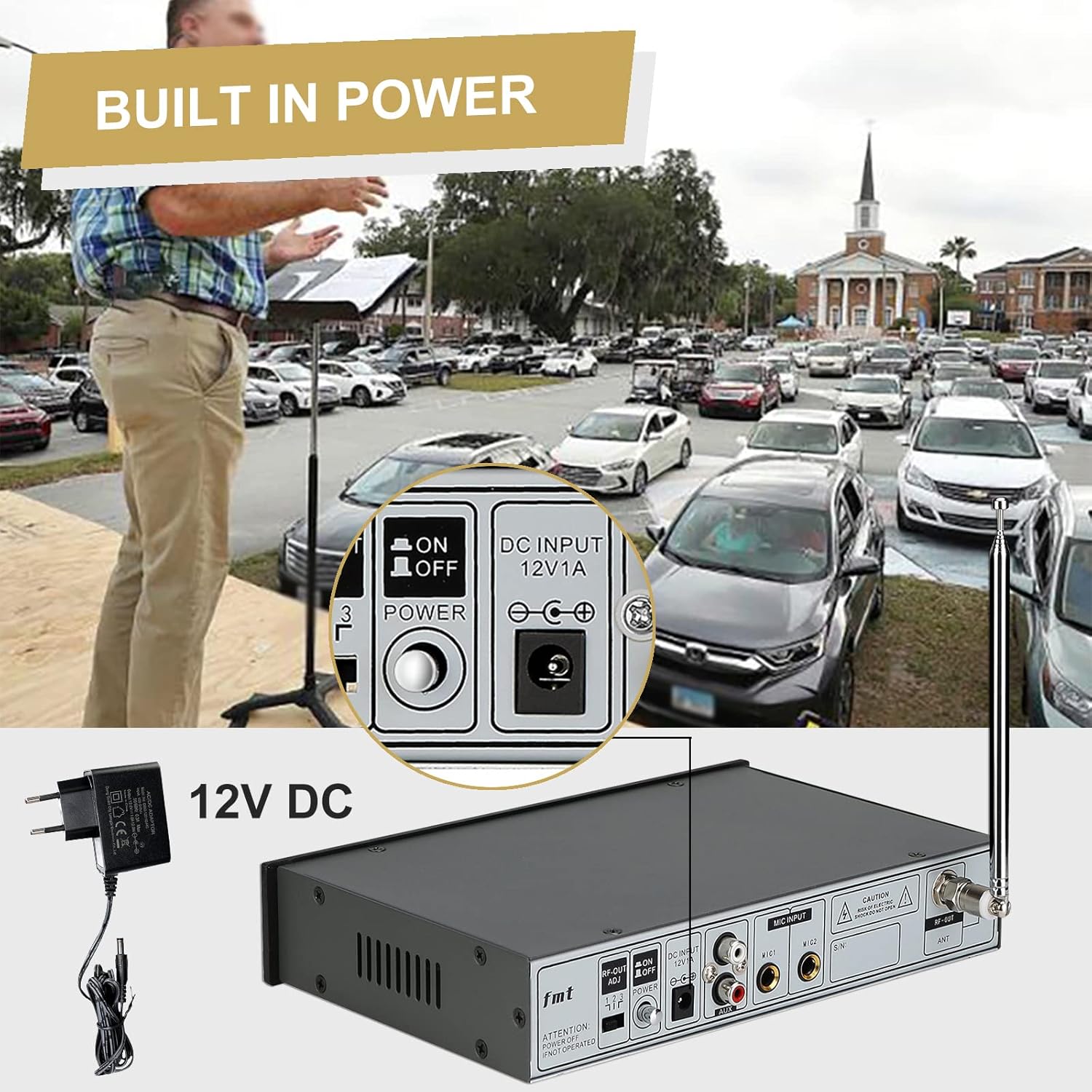 FM Transmitter with Dual Mic, 3 Preset Stations, USB Drive and RCA Inputs C544902