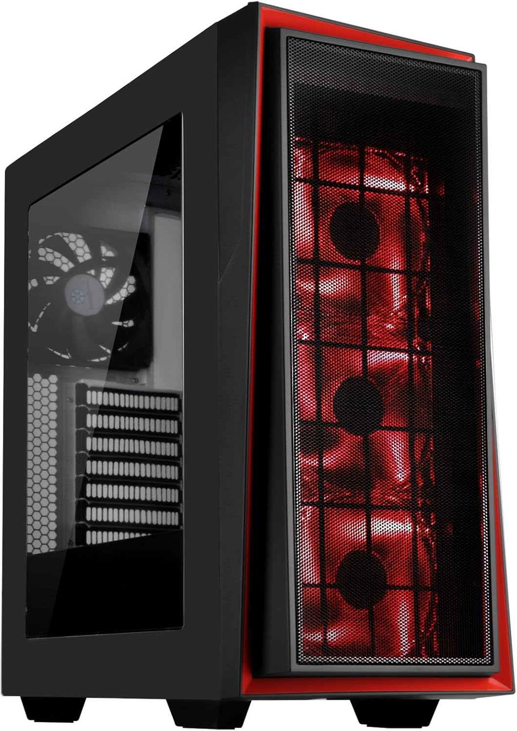 Black and Red ATX Tower Computer Case with Three 120mm Red LED Intake Fans and Side Panel Window V380