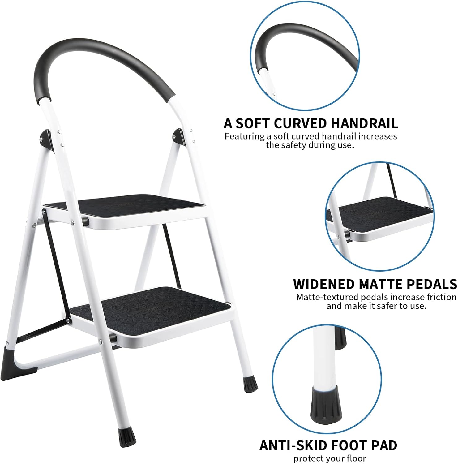 2 Step Folding Ladder with Arc-Shaped Handrail Metal Anti-Slip Base Wide Pedal Lightweight 330 LB Capacity Pack of 2 E7396