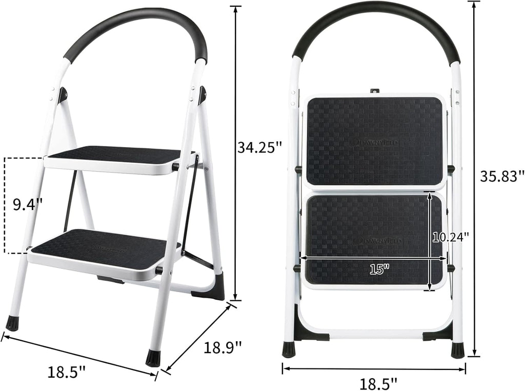 2 Step Folding Ladder with Arc-Shaped Handrail Metal Anti-Slip Base Wide Pedal Lightweight 330 LB Capacity Pack of 2 E7396