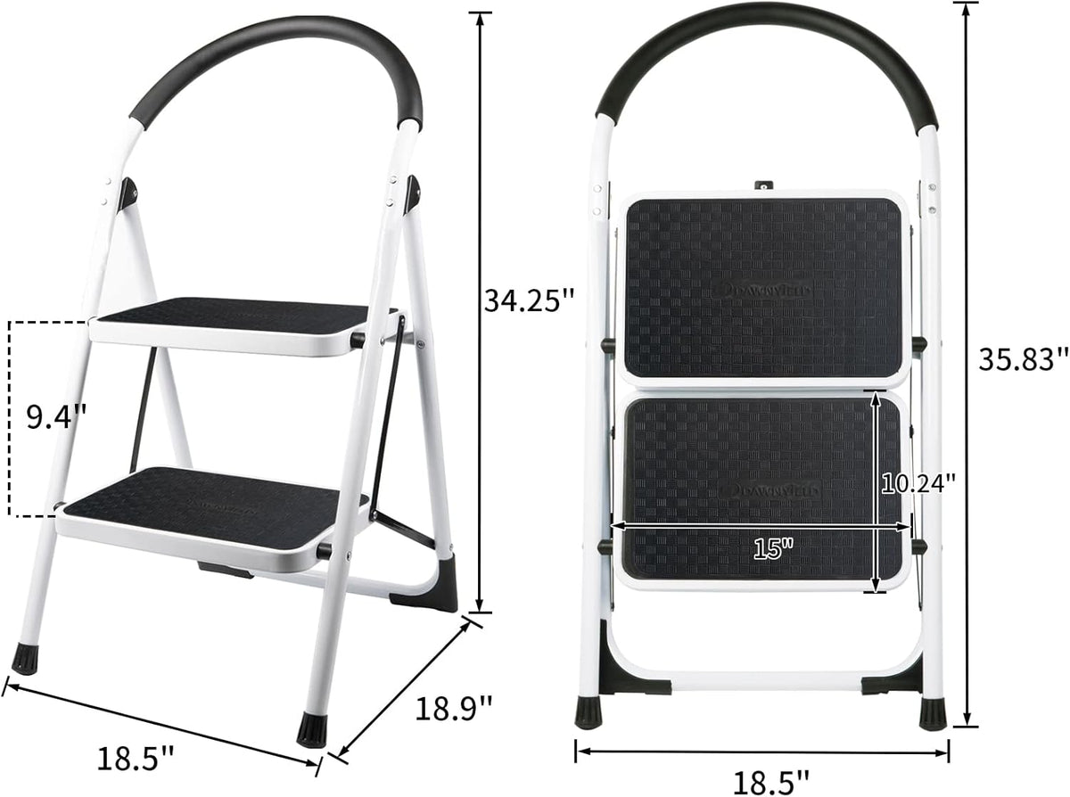 2 Step Folding Ladder with Arc-Shaped Handrail Metal Anti-Slip Base Wide Pedal Lightweight 330 LB Capacity Pack of 2 E7396