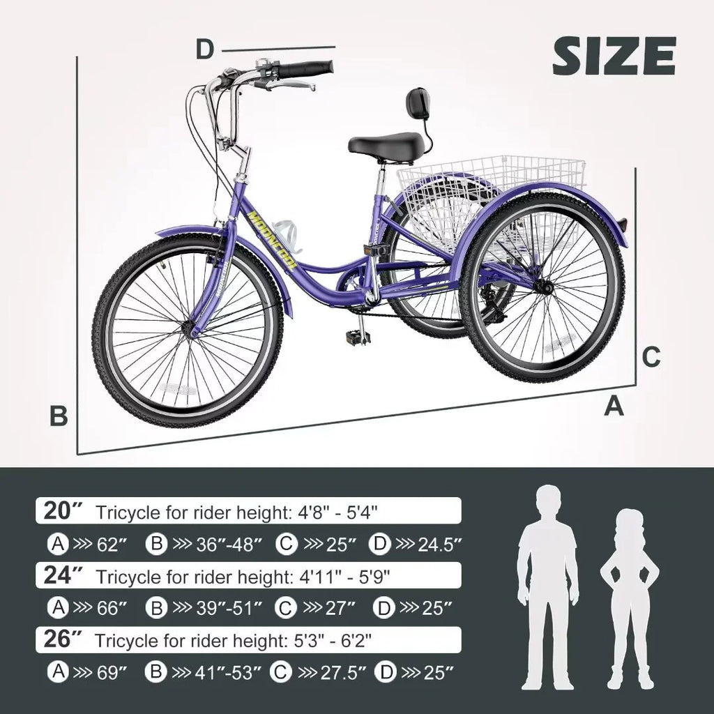 24"/26" Adult Tricycle Bike, 7 Speed 3-Wheel Bicycle, with Backrest & Shopping Basket L45425