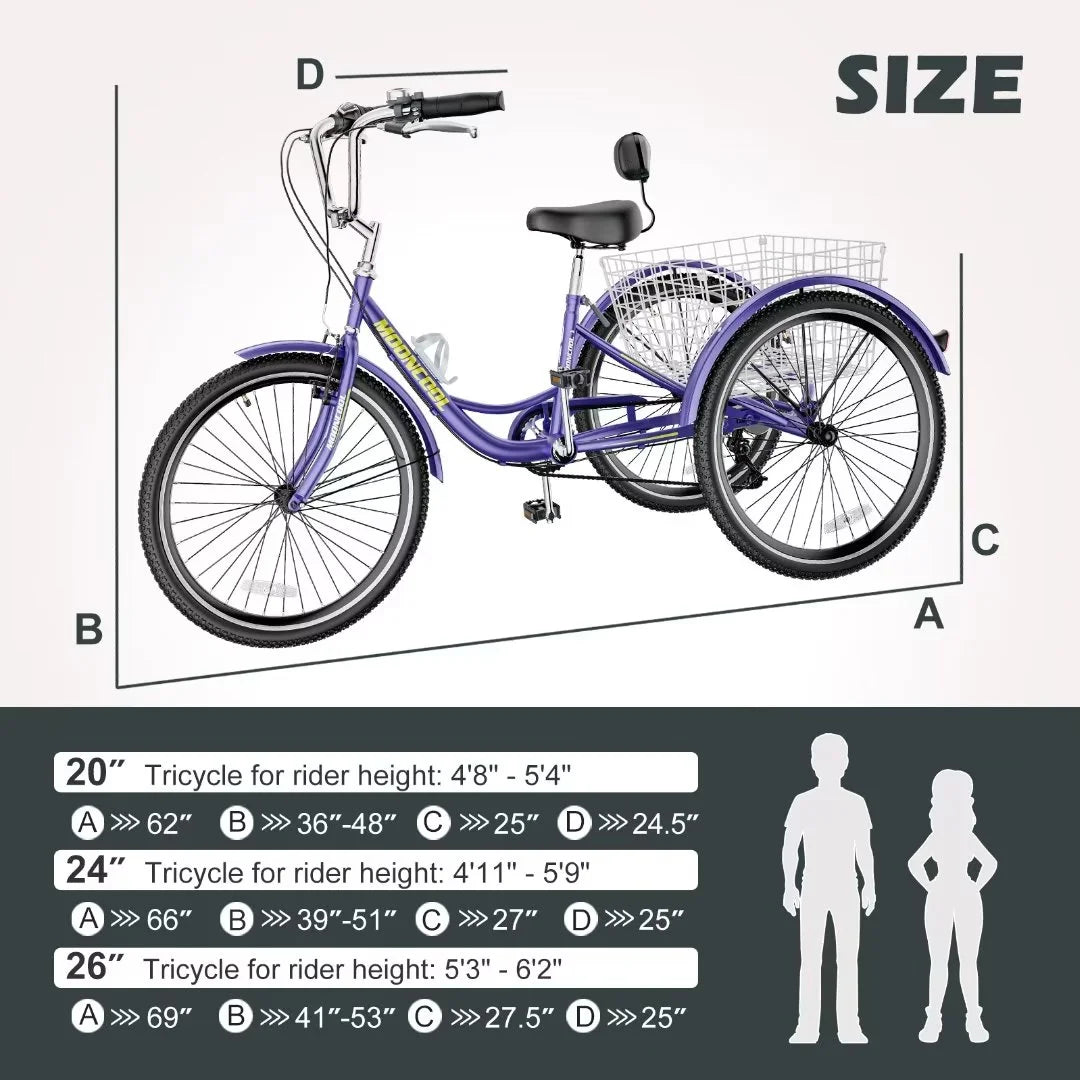 24"/26" Adult Tricycle Bike, 7 Speed 3-Wheel Bicycle, with Backrest & Shopping Basket L45425