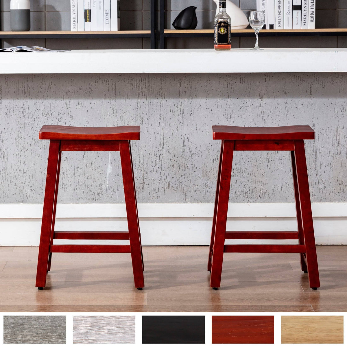 Solid Wood Saddle Counter Stool, Set of 2 V5964