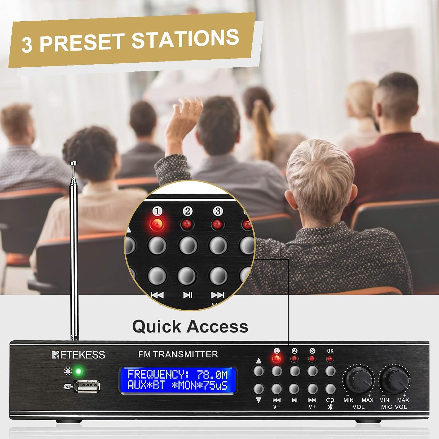 FM Transmitter with Dual Mic, 3 Preset Stations, USB Drive and RCA Inputs C544902