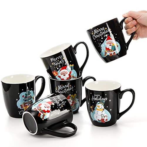 Set of 6 17 Oz Ceramic Black Christmas Coffee Mugs F5747