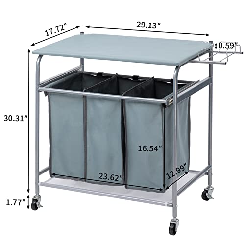Blue Grey Rolling Laundry Sorter with Ironing Board and 3-Bag L3043