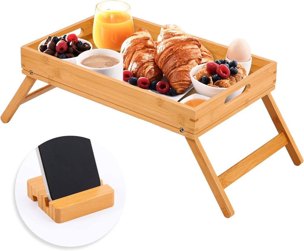 Bamboo Folding Bed Tray Table with Handles and Phone Holder B59077