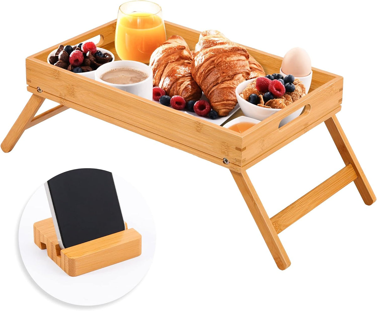 Bamboo Folding Bed Tray Table with Handles and Phone Holder B59077