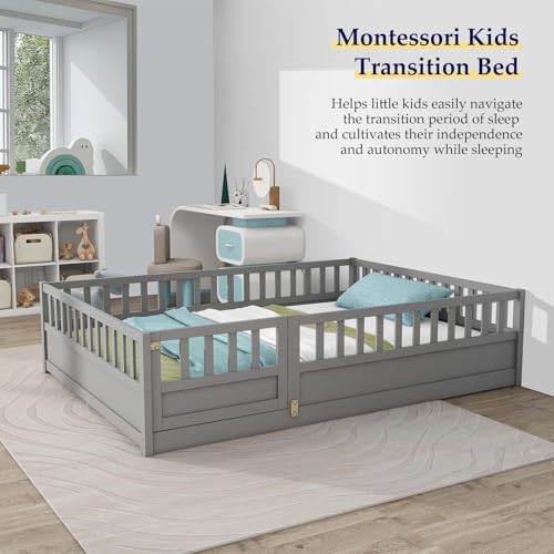 Full-White Wood Kids Floor Bed with Safety Guardrails J4932