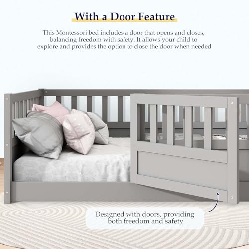 Full-White Wood Kids Floor Bed with Safety Guardrails J4932