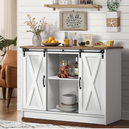 Coffee Bar Cabinet with Sliding Barn Doors, 42” Sideboard Buffet Cabinet with Storage, Espresso X99603