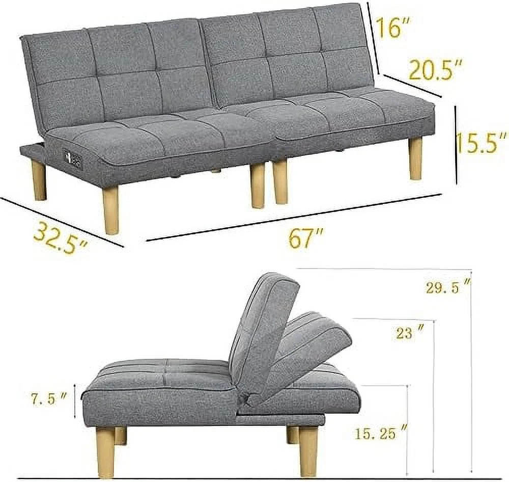 Comfy Convertible 2 Seater Futon Sofa Couch with USB Port Armless Adjustable Backrest I5828