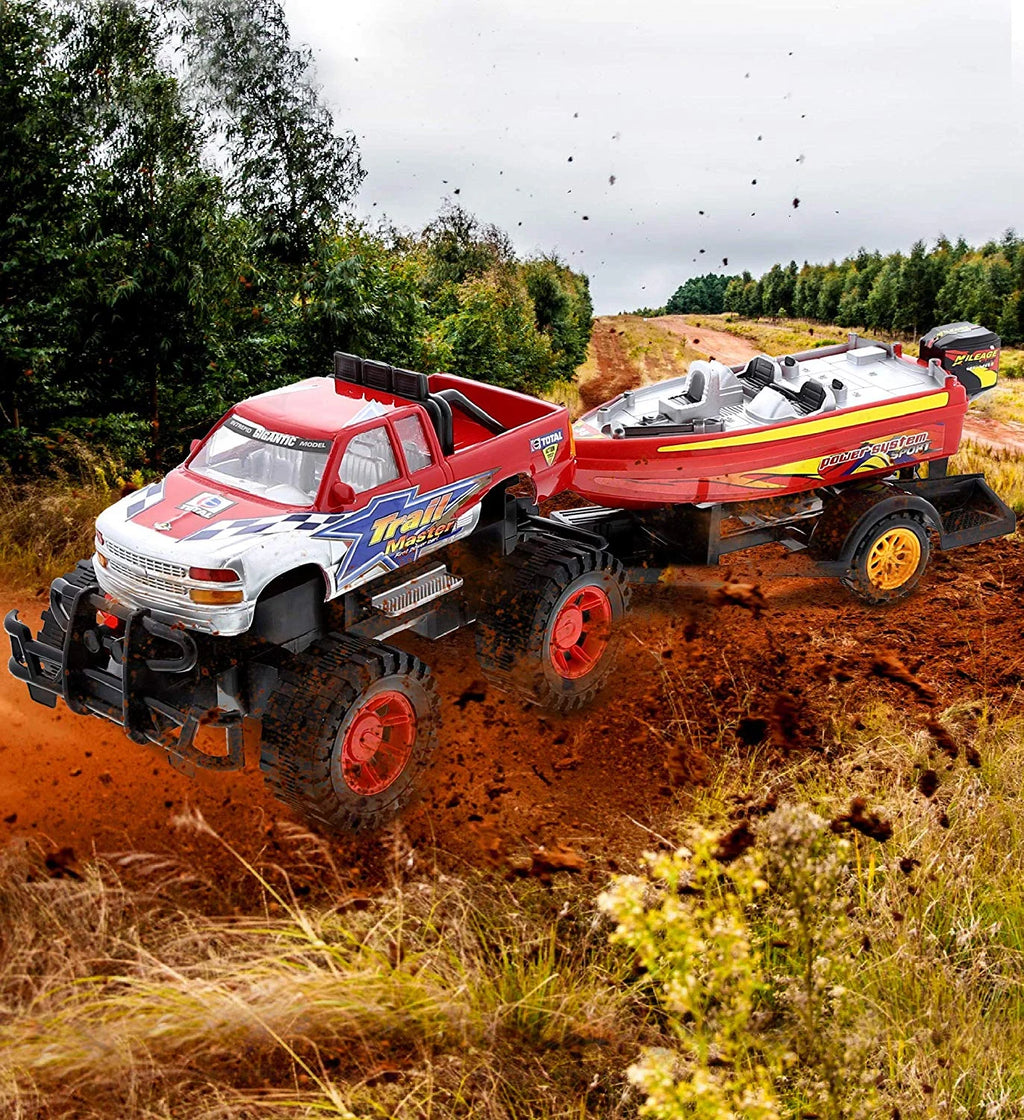 Red Black 9 Inch Truck with Detachable Trailer and 10 Inch Boat Friction Push Powered Playset W929