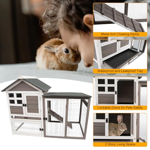 Grey 2-Story Fir Wood Rabbit Hutch with Pull Out Tray S277