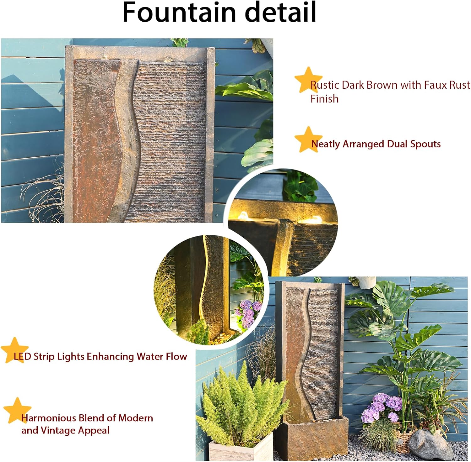 4.1ft Outdoor Water Fountain with LED Lights, Rusty Dark Gray R2364