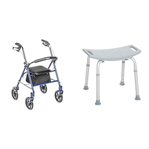 4 Wheel Steel Rollator Walker with Seat, Blue & Raised Toilet Seat with Removable Padded Arms L81120