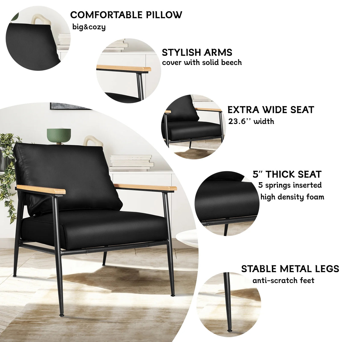 Black PU Leather Accent Chair with Metal Frame S219