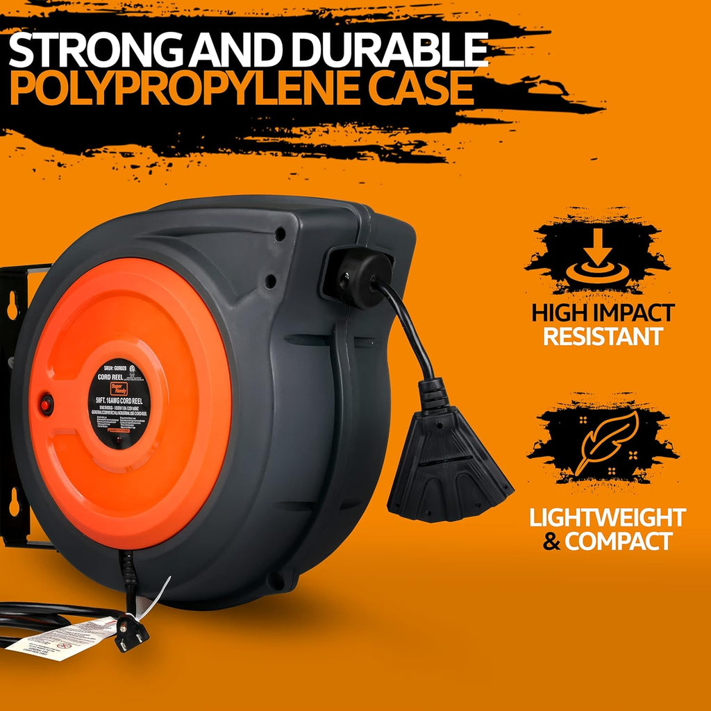 Retractable Extension Cord Reel 16AWG x 50' Feet Industrial Polypropylene Ultra Heavy Duty 3C SJTOW Commercial Ultra Flexible Cable Triple Tap Connector O318039