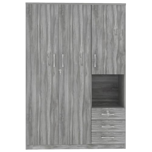 Grey 3 Door Wooden Wardrobe Closet with Drawers and Hanging Rail B496