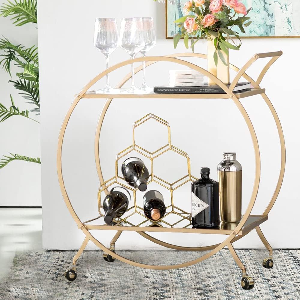 Gold Bar Cart with 2 Mirrored Glass Shelves W63857