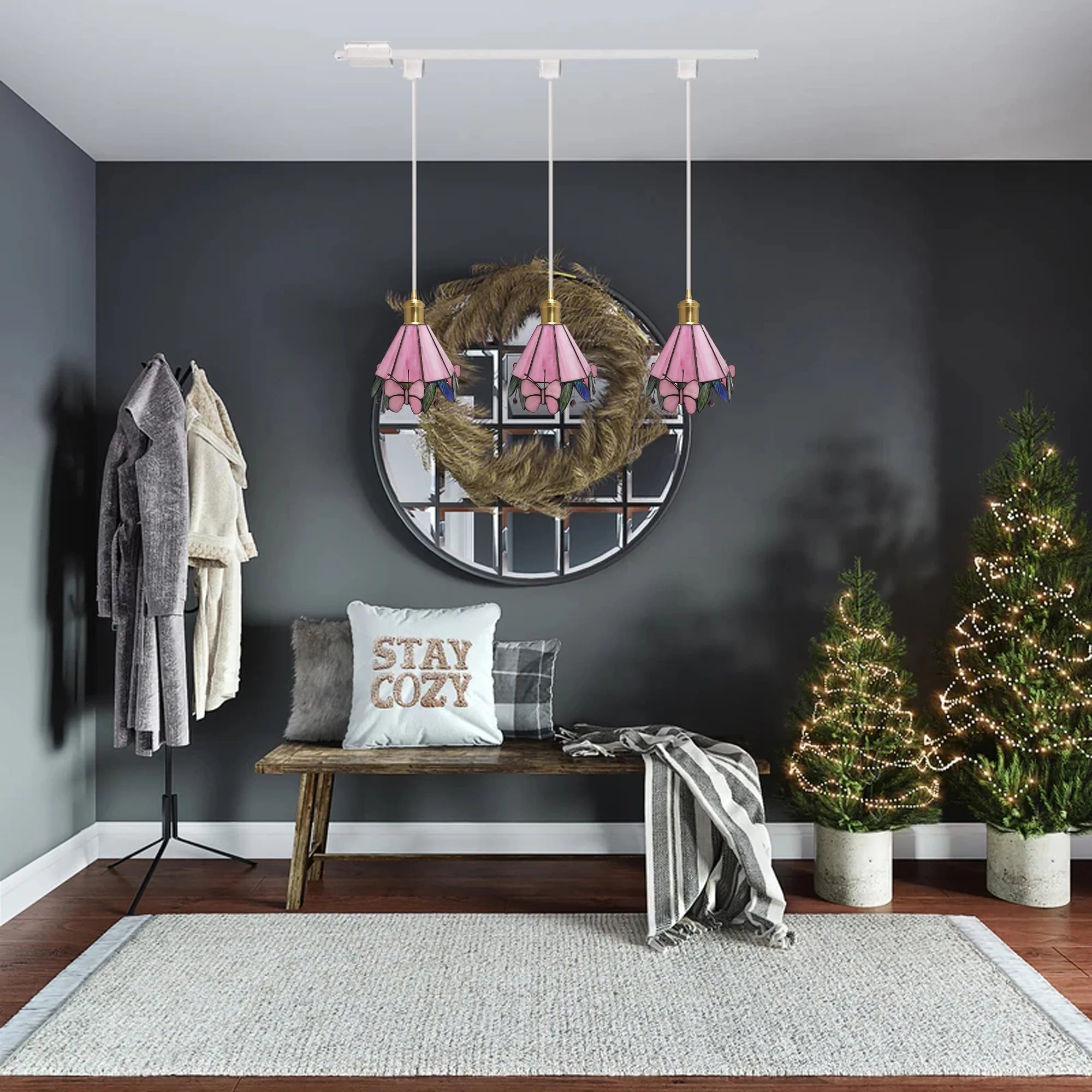 Pink Butterfly Brass Finished Stained Glass Pendant Light L37226