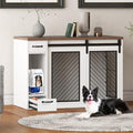 White 85" Sliding Door Double Dog Crate Kennel Furniture with 4 Dog Bowls and Drawer U57660