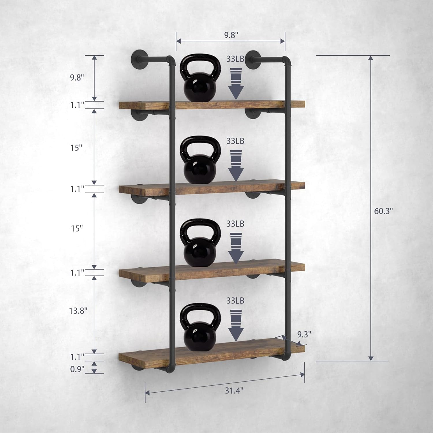 Industrial Wall Mount Iron Pipe Shelf Black 3 Tier X2 Z13265
