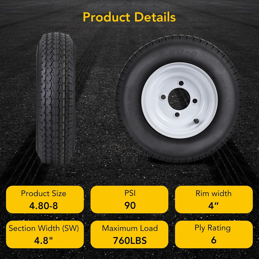4.80-8 Trailer Tires with 8'' Rims, 4 Lug on 4'', Load Range C, 6PR A1589