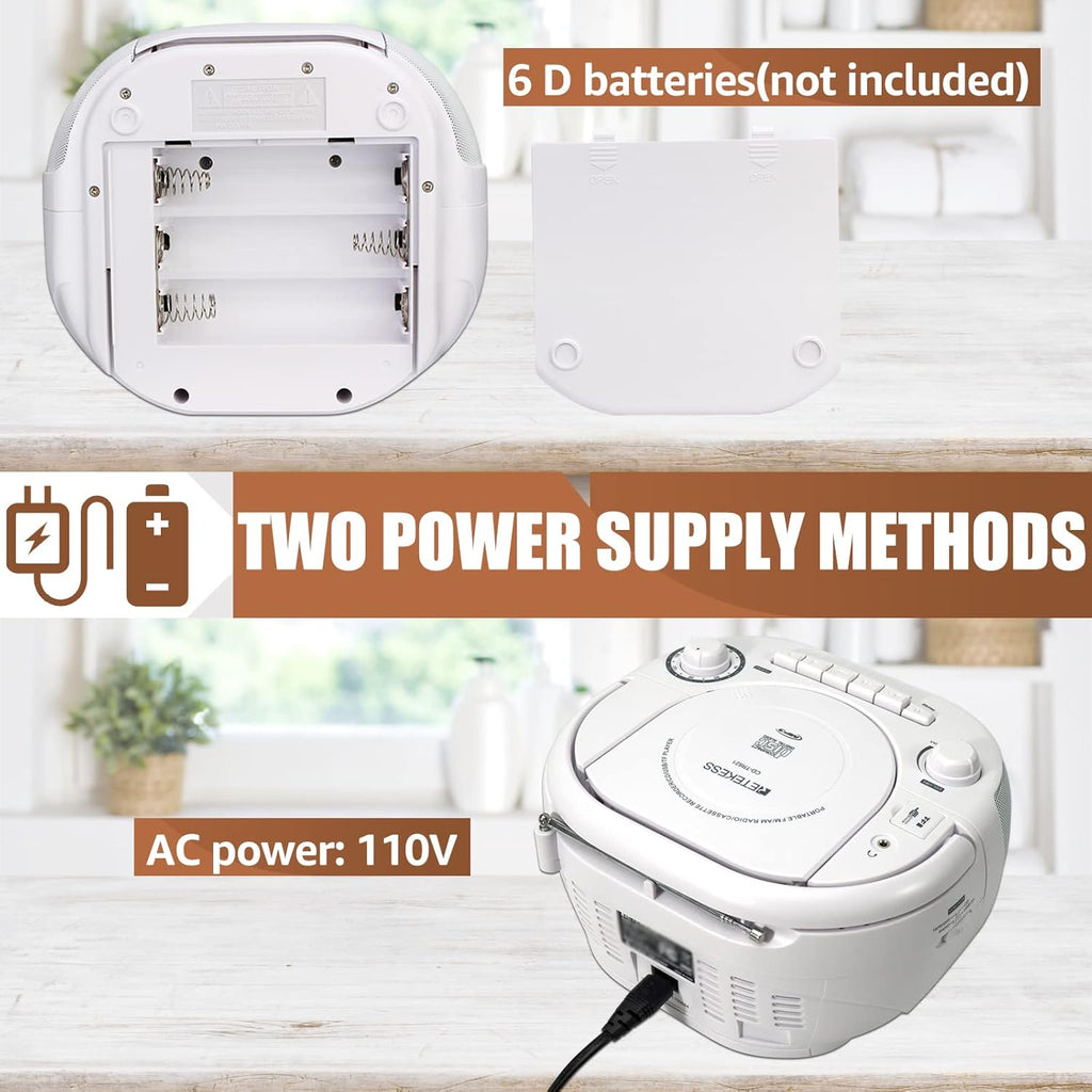 White Portable CD and Cassette Player Boombox with AM FM Radio C1810