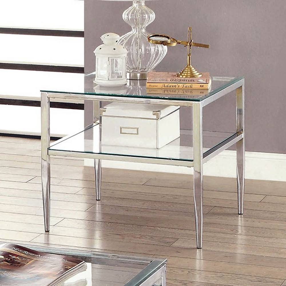 Chrome Glass-Top End Table with Glass Shelf M1570