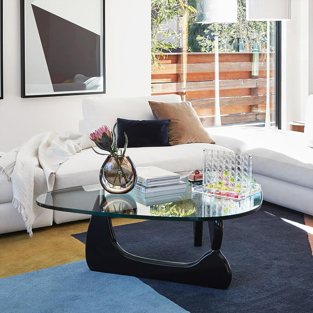 Glass Coffee Table with Solid Wood Base, Gray-Black K234
