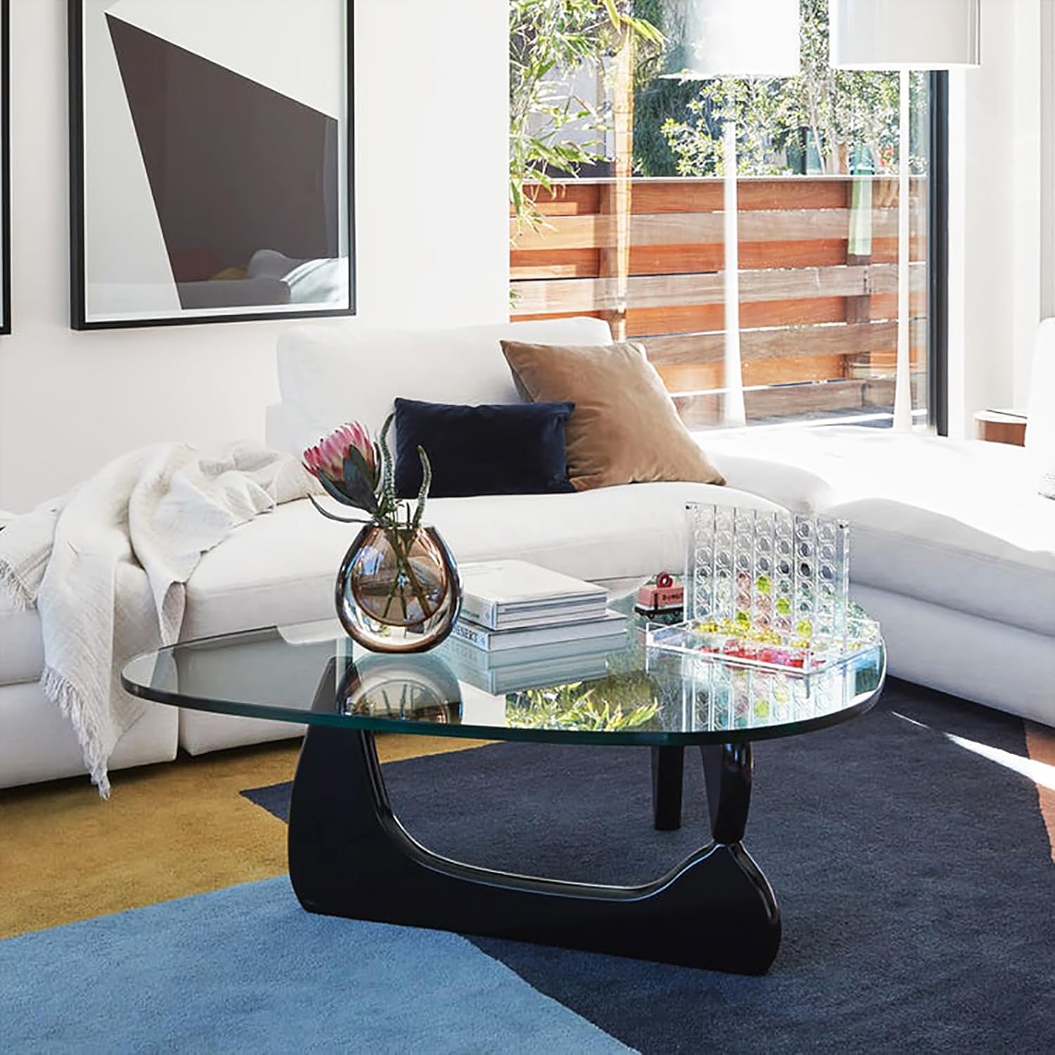 Glass Coffee Table with Solid Wood Base, Gray-Black K234