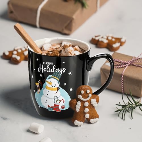 Set of 6 17 Oz Ceramic Black Christmas Coffee Mugs F5747