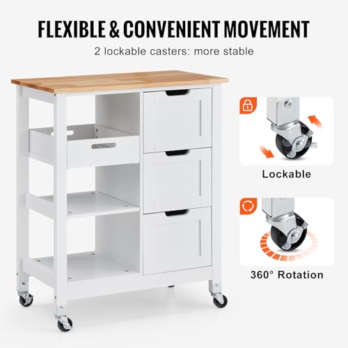 White 26 inch Wood Top Mobile Kitchen Island Cart with 3 Drawers and Shelves N780