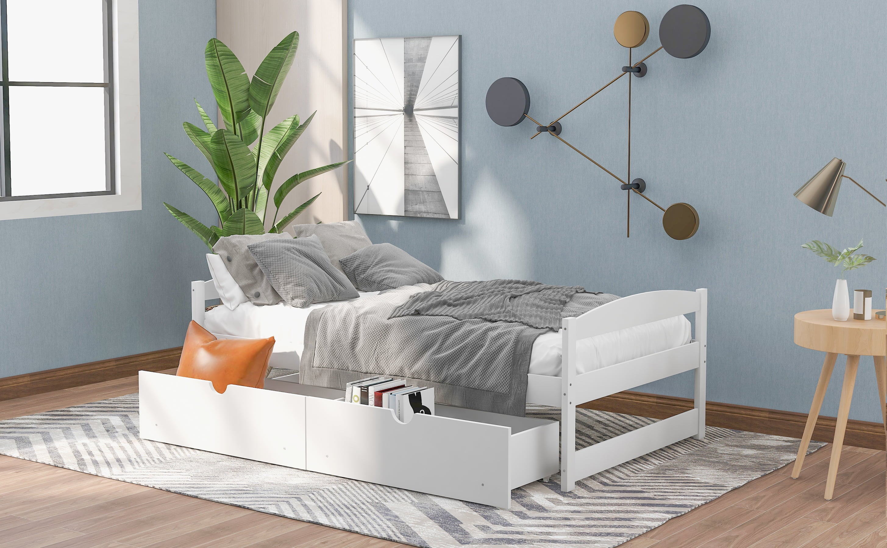 White Double Platform Bed with Two Drawers Q8803