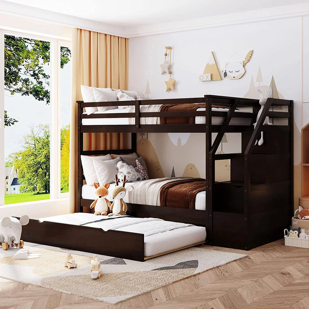 Espresso Wooden Over Bunk Bed with Trundle and 3 Storage Stairs Z347249