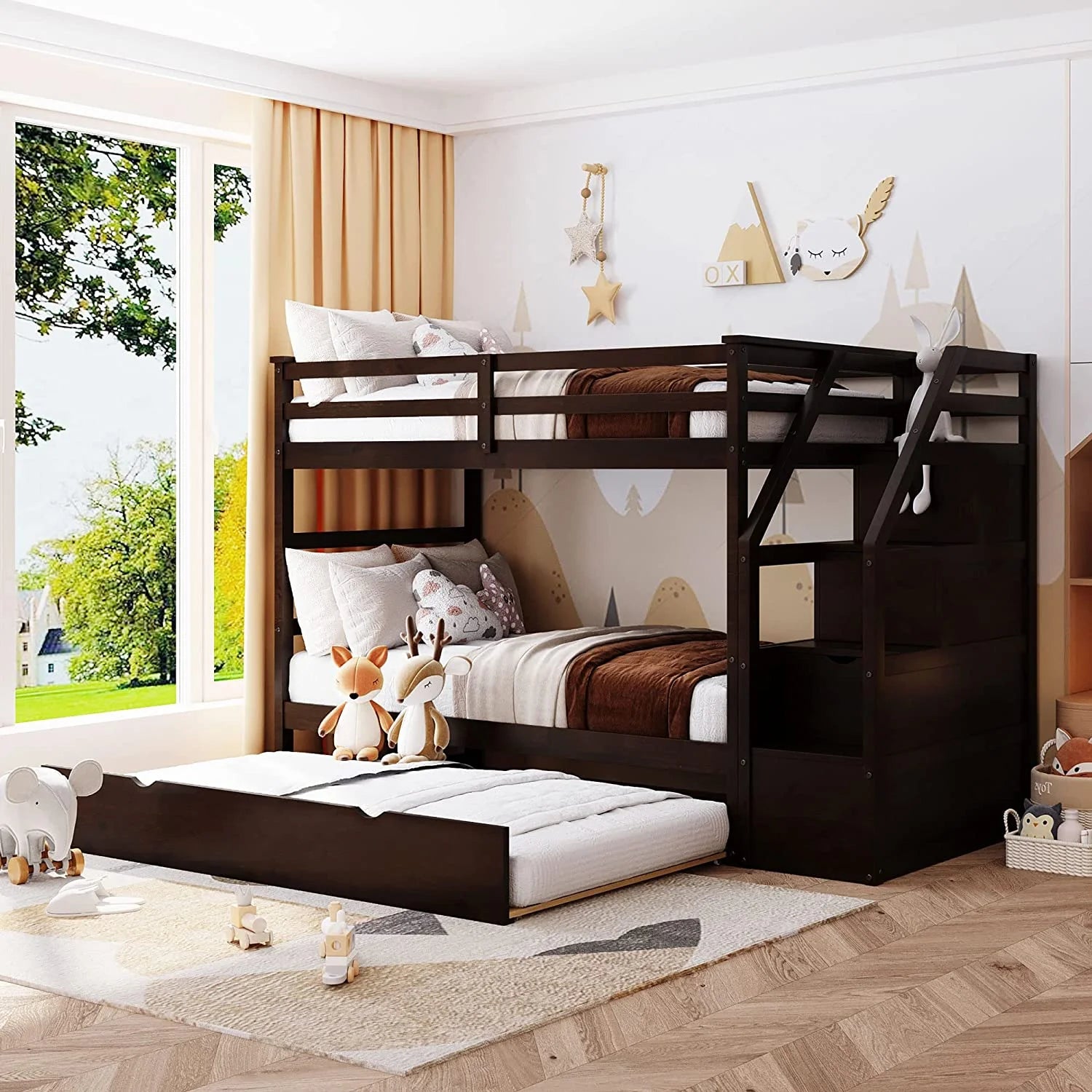 Espresso Wooden Over Bunk Bed with Trundle and 3 Storage Stairs Z347249