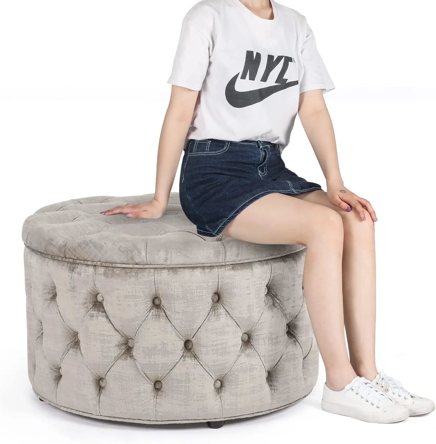 Beige Button Tufted Storage Ottoman X182
