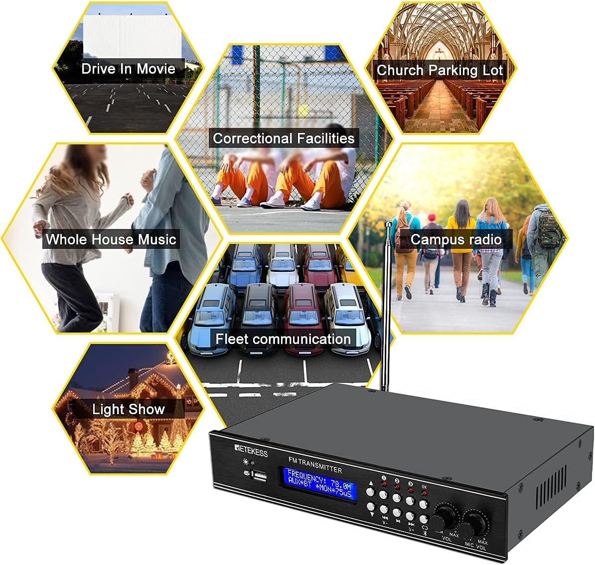 FM Transmitter with Dual Mic, 3 Preset Stations, USB Drive and RCA Inputs C544902