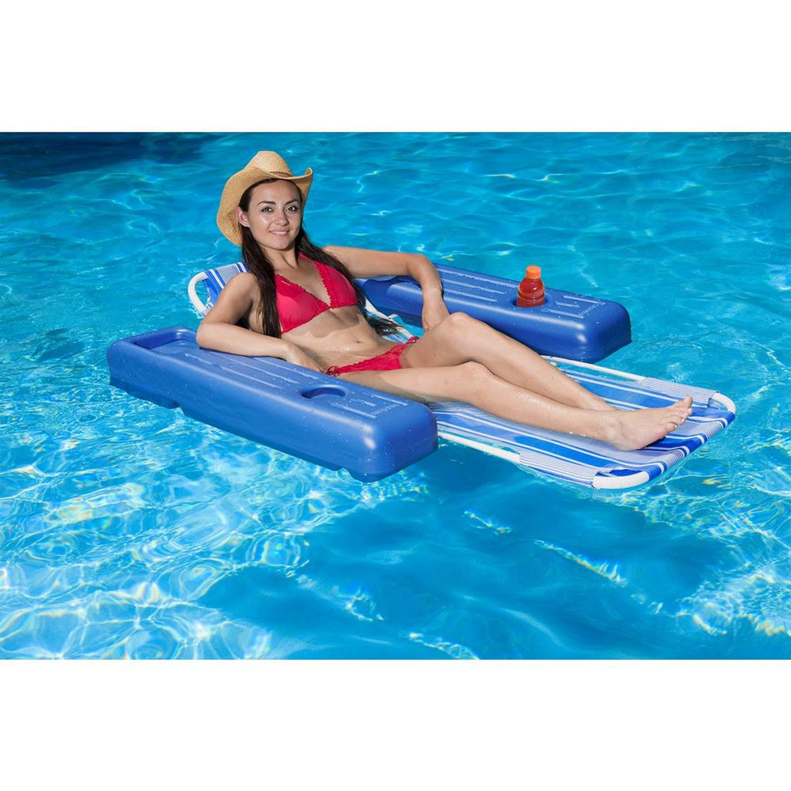 Blue and White Striped Caribbean Floating Swimming Pool Lounge L899969
