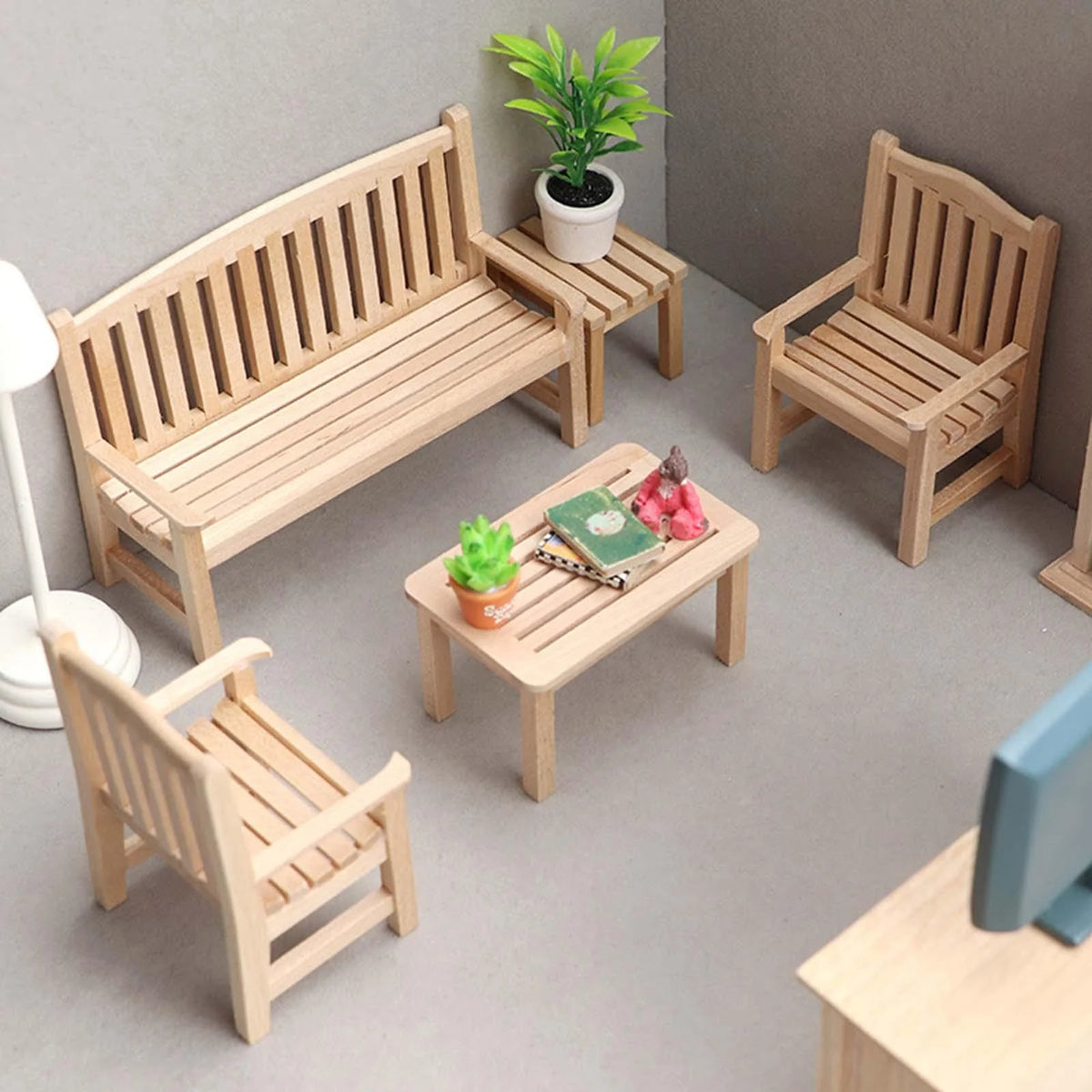 1/12 Scale Unpainted Wooden Dollhouse Outdoor Double Seat D747781