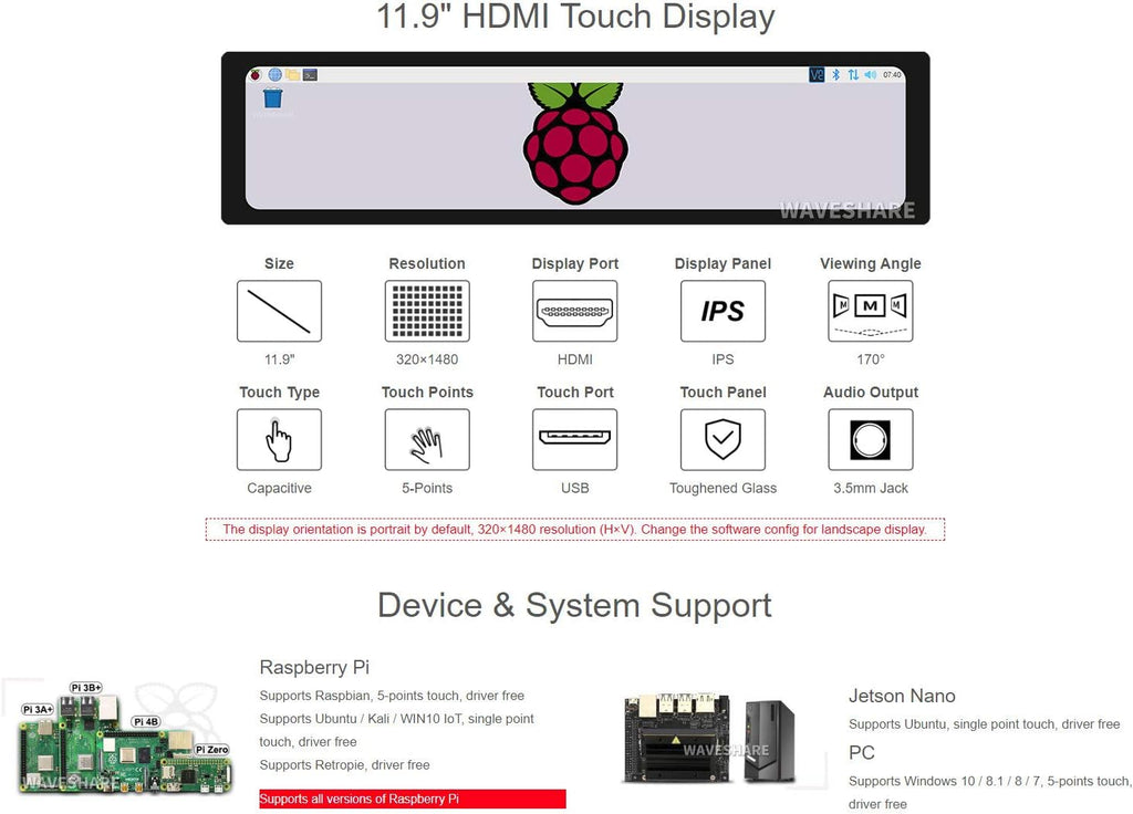 11.9inch Capacitive Touch Screen LCD 320×1480 Resolution HDMI Display IPS Display Panel U61951
