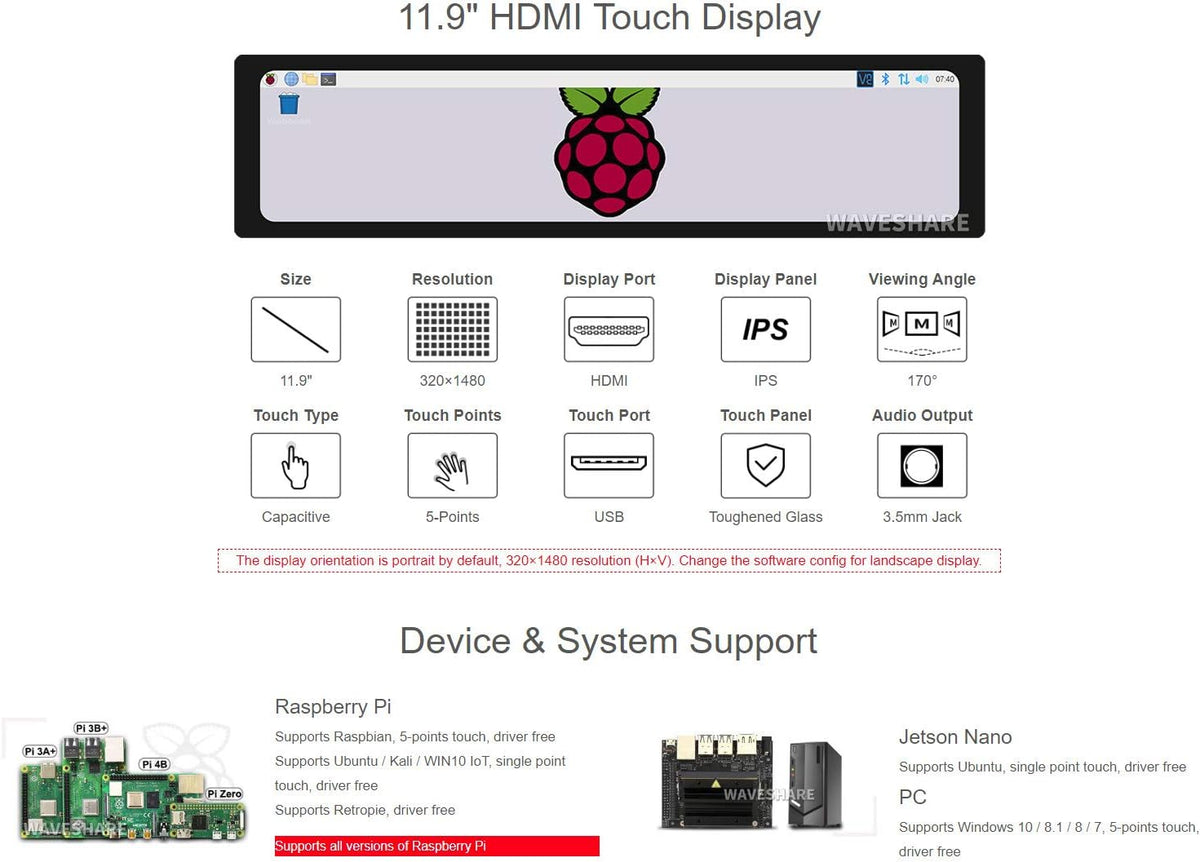 11.9inch Capacitive Touch Screen LCD 320×1480 Resolution HDMI Display IPS Display Panel U61951