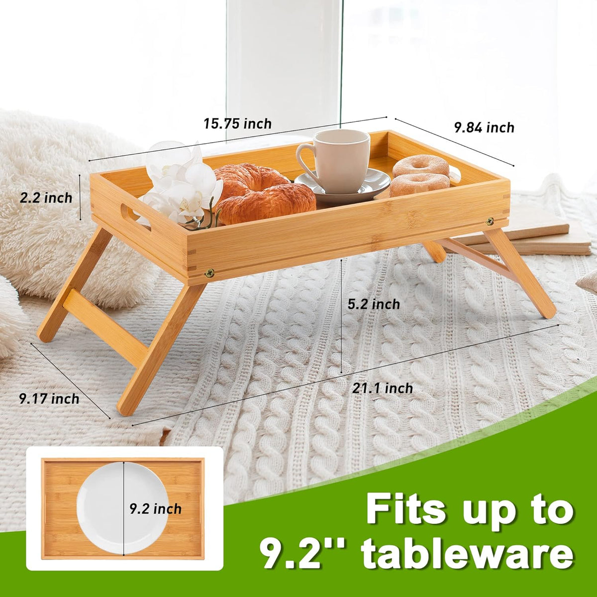Bamboo Folding Bed Tray Table with Handles and Phone Holder B59077