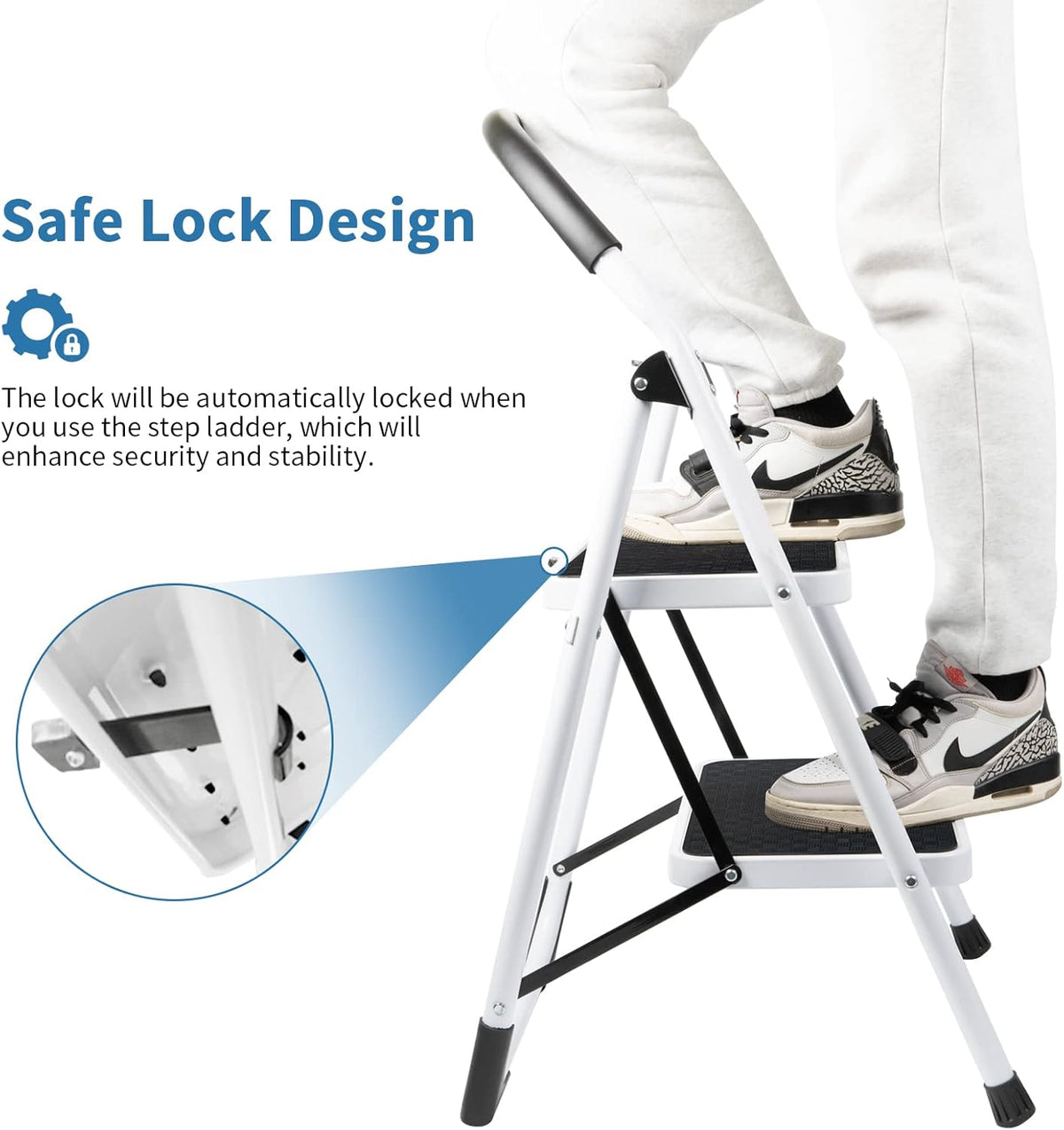 2 Step Folding Ladder with Arc-Shaped Handrail Metal Anti-Slip Base Wide Pedal Lightweight 330 LB Capacity Pack of 2 E7396